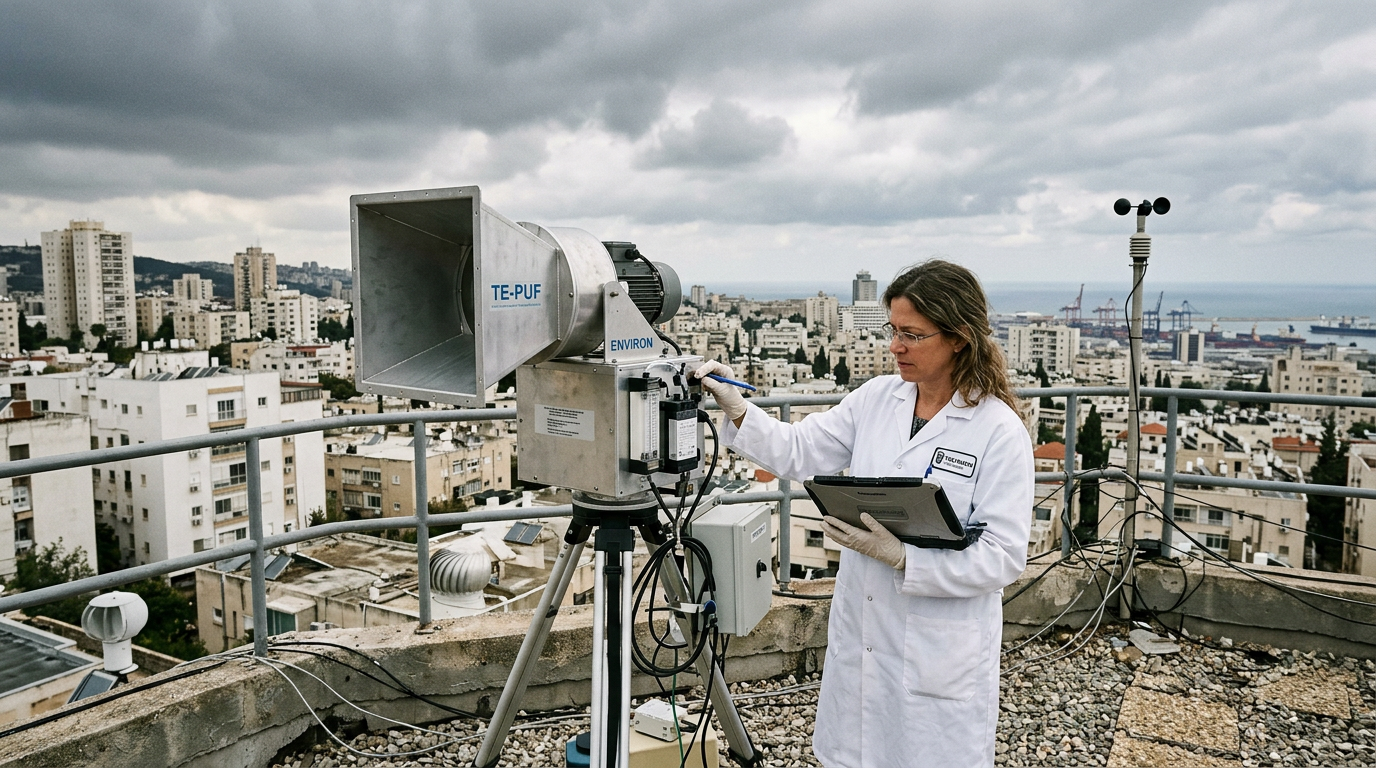 ציוד ניטור אטמוספרי על גג בניין